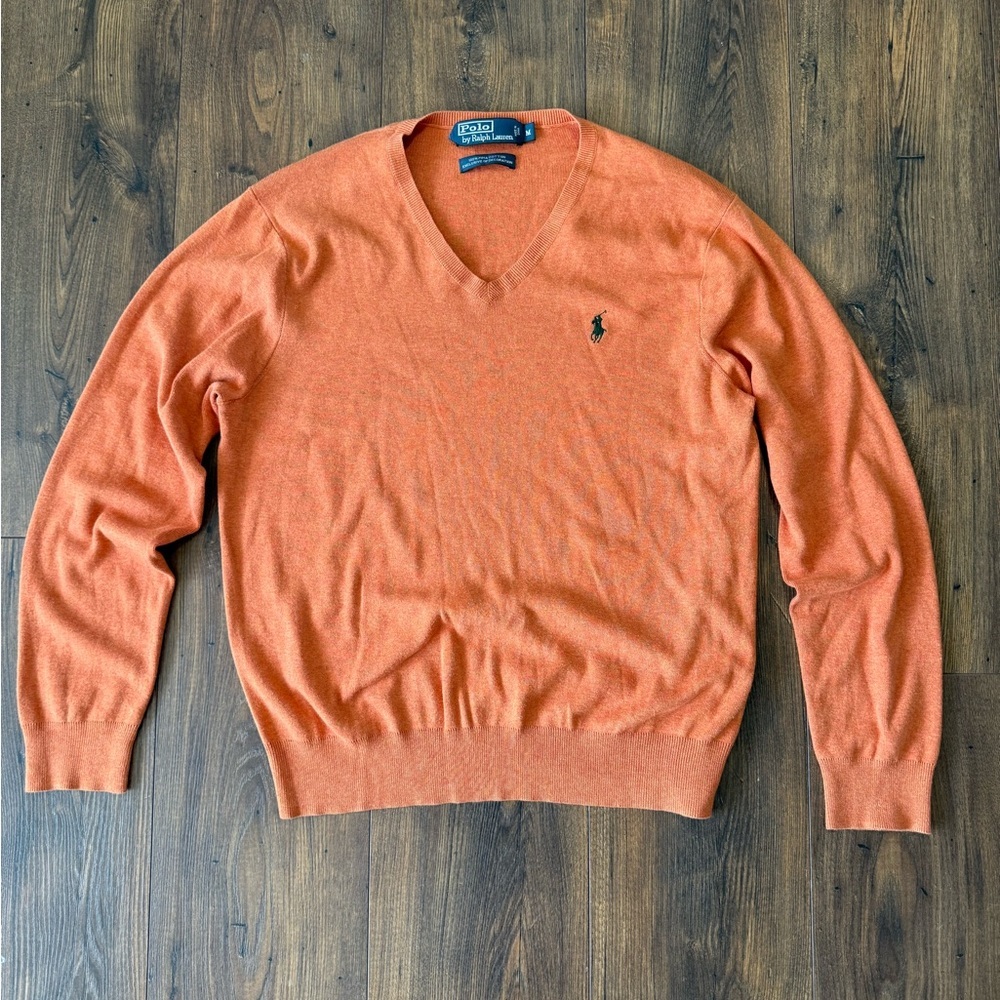 Polo Ralph Lauren Men's V Neck Sweater 100% Pima Cotton Orange W/ Green Pony M